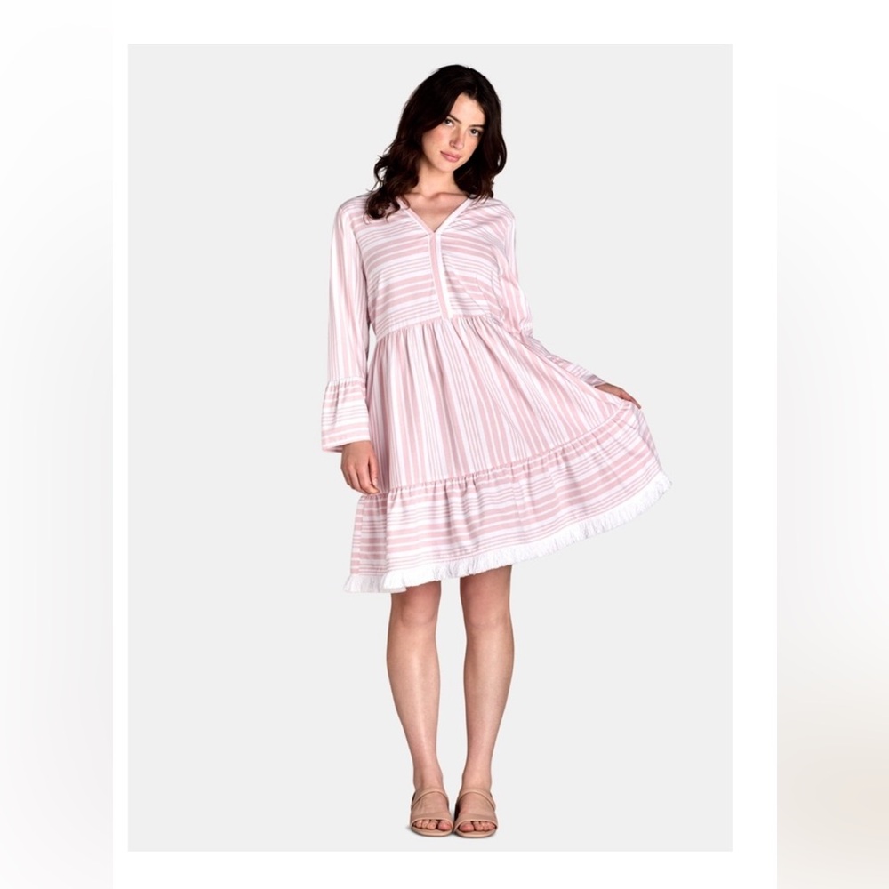 Time and Tru Women’s Pink Striped V-Neck Tiered Fringe Hem Dress Spring Summer